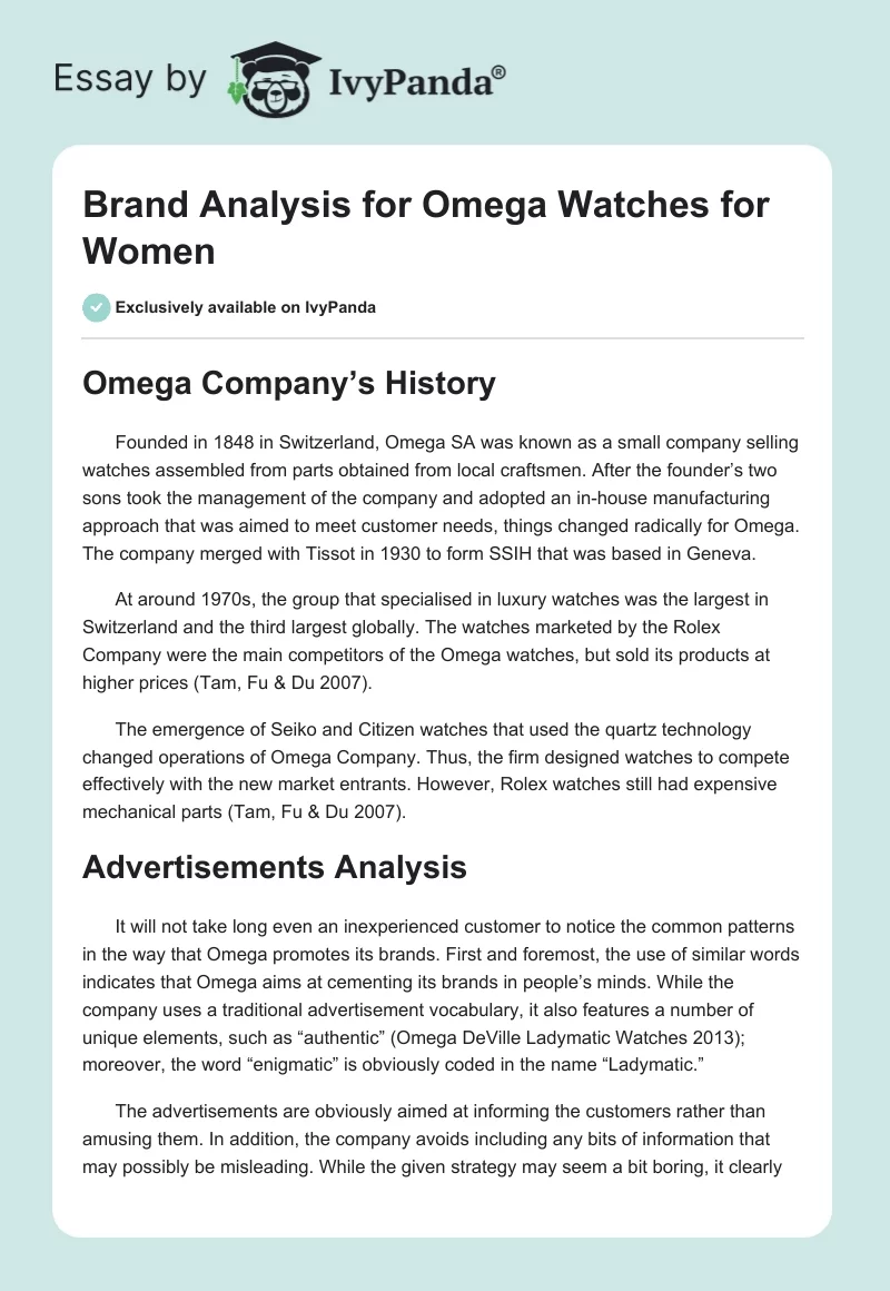 Brand Analysis for Omega Watches for Women. Page 1