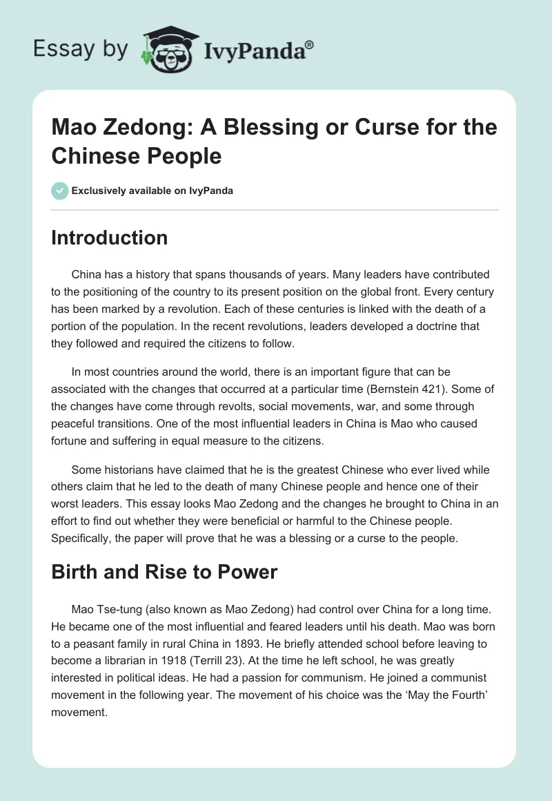 Mao Zedong: A Blessing or Curse for the Chinese People. Page 1