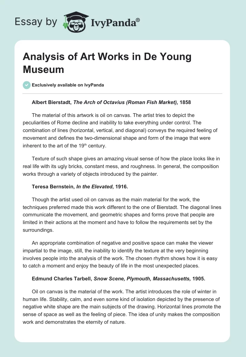 Analysis of Art Works in De Young Museum. Page 1