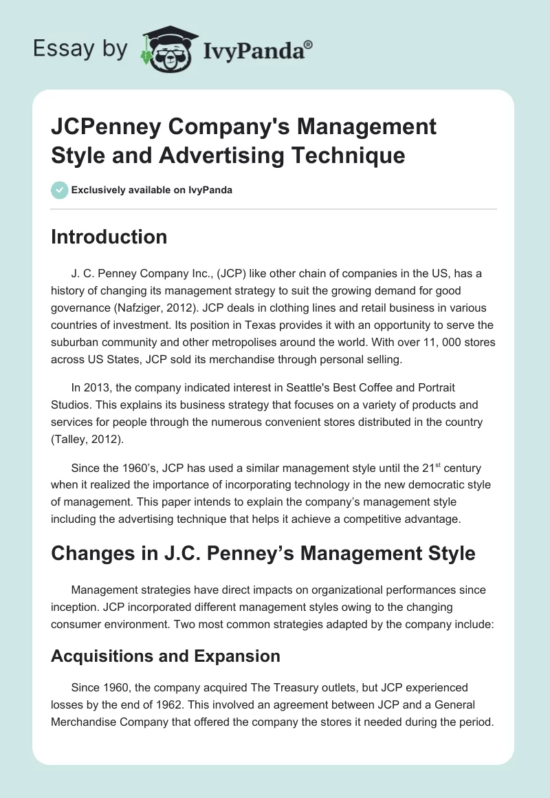 JCPenney Company's Management Style and Advertising Technique. Page 1