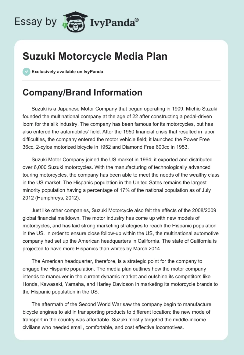 Suzuki Motorcycle Media Plan. Page 1