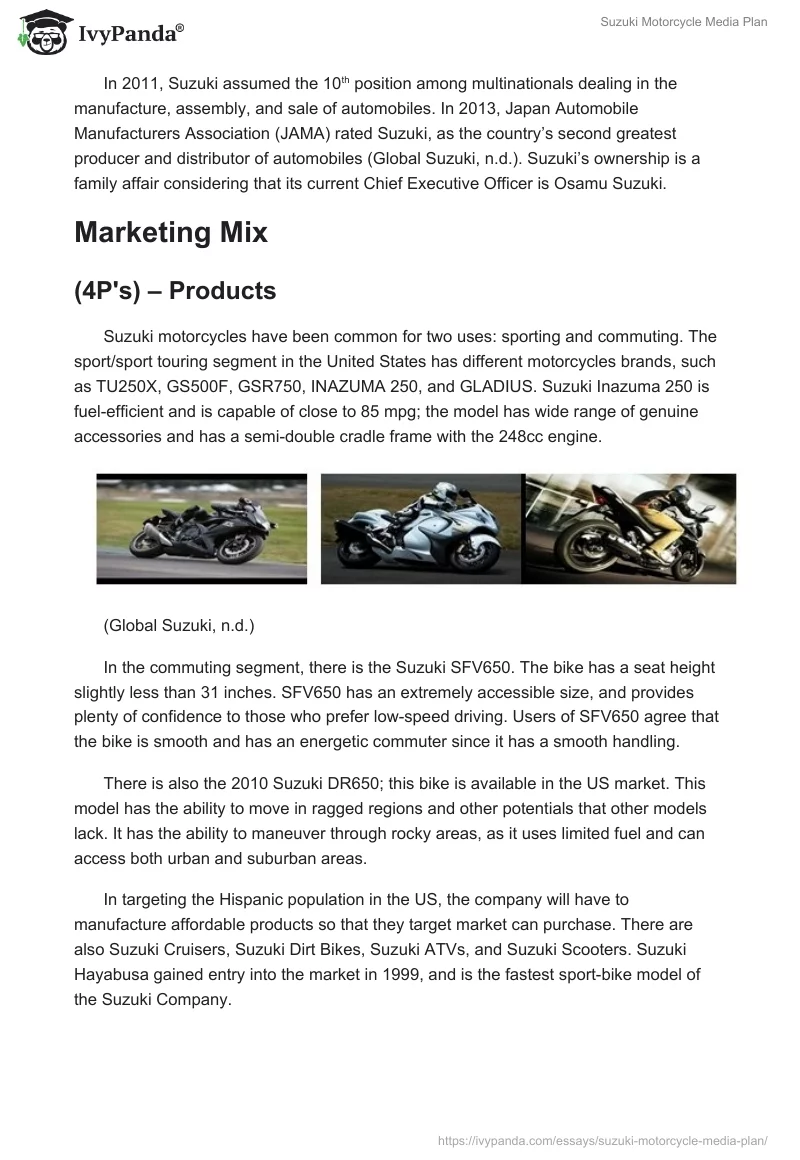 Suzuki Motorcycle Media Plan. Page 2