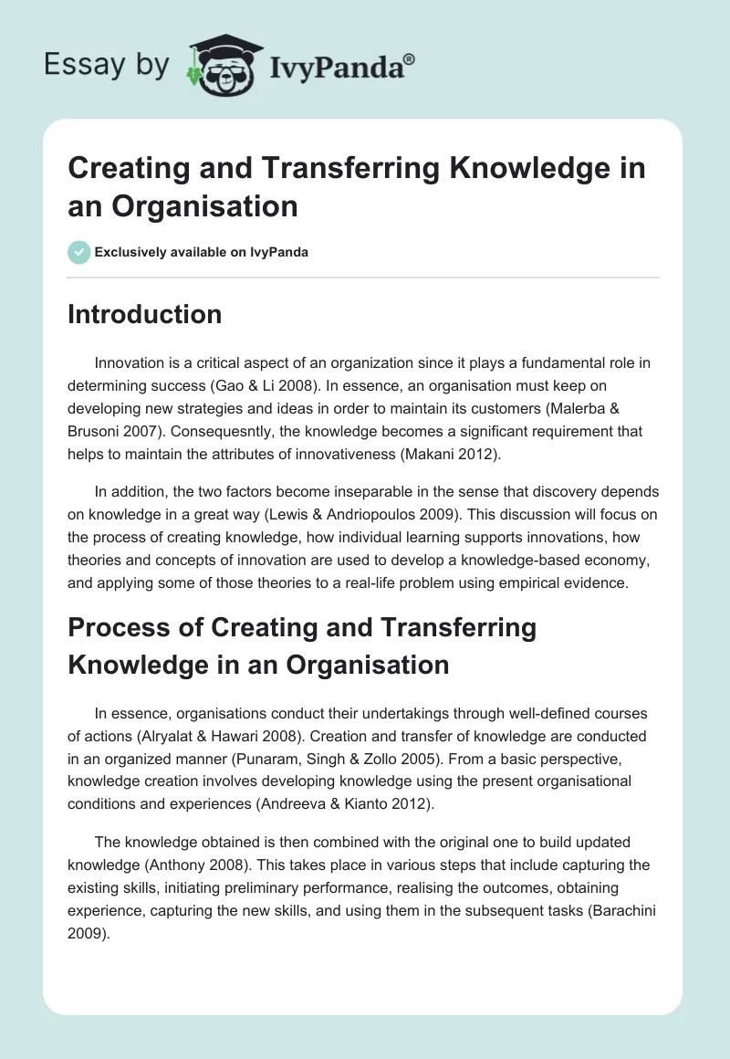 Creating and Transferring Knowledge in an Organisation. Page 1