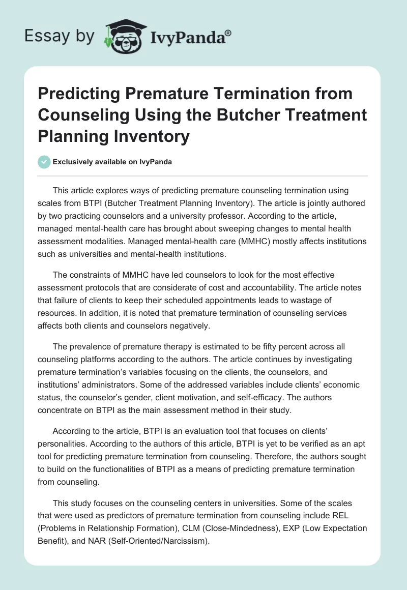 Predicting Premature Termination From Counseling Using the Butcher Treatment Planning Inventory. Page 1