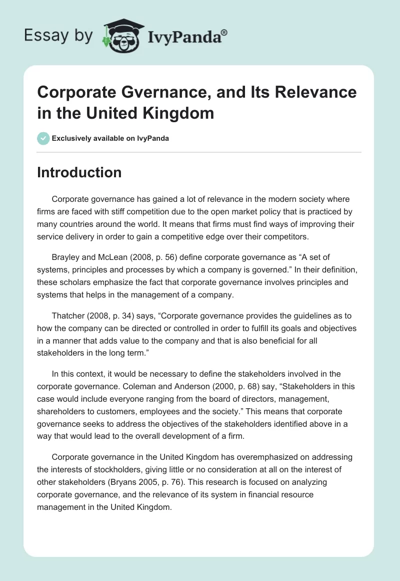 Corporate Gvernance, and Its Relevance in the United Kingdom. Page 1