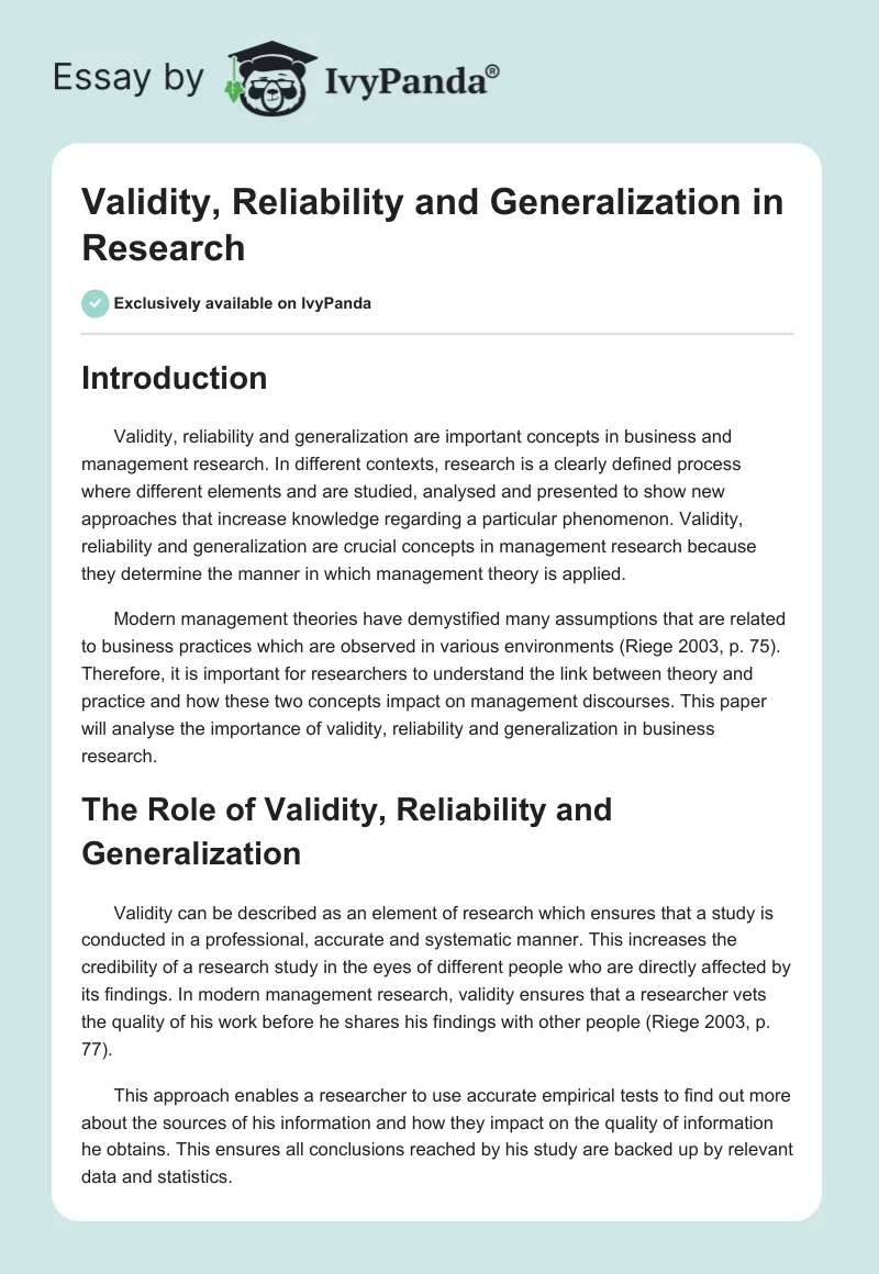 Validity, Reliability and Generalization in Research. Page 1