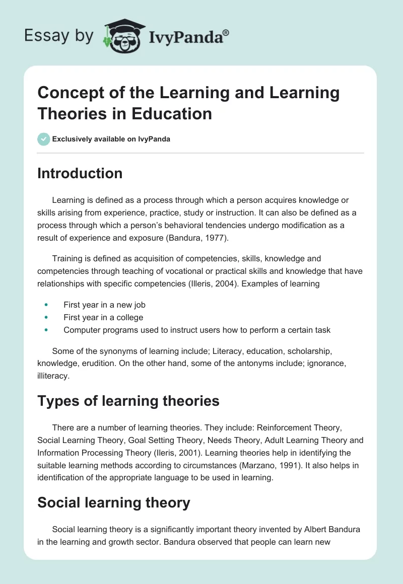 Concept of the Learning and Learning Theories in Education. Page 1