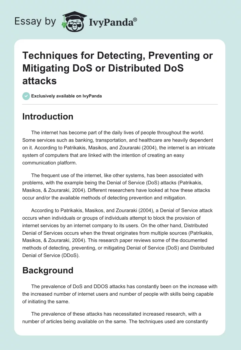 Techniques for Detecting, Preventing or Mitigating DoS or Distributed DoS attacks. Page 1