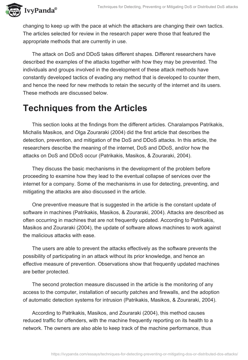 Techniques for Detecting, Preventing or Mitigating DoS or Distributed DoS attacks. Page 2