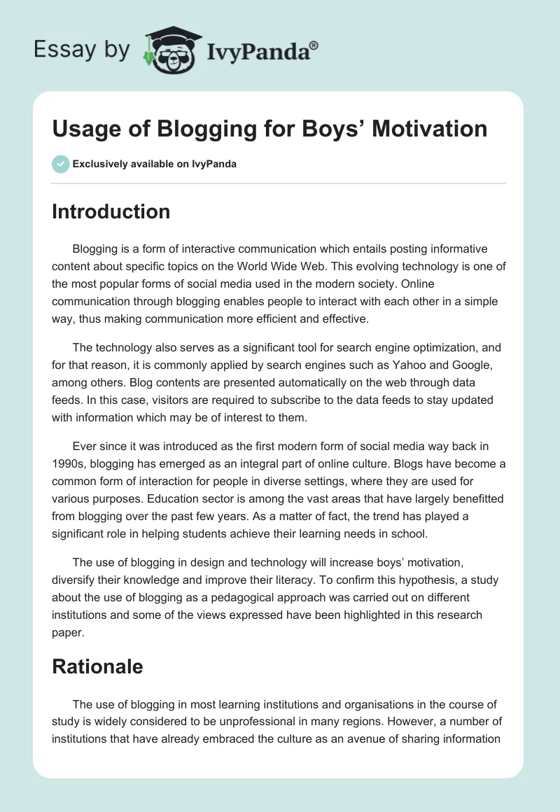 Usage of Blogging for Boys’ Motivation. Page 1