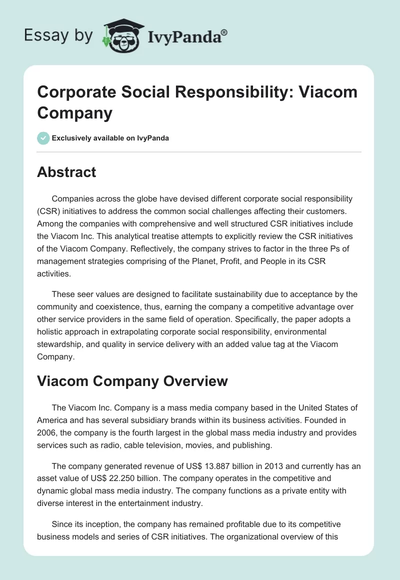 Corporate Social Responsibility: Viacom Company. Page 1