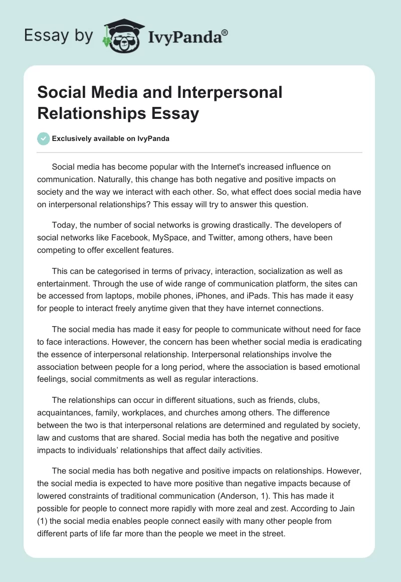 Social Media Affects Interpersonal Relationships - Essay Example