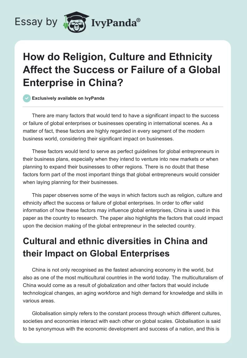 How do Religion, Culture and Ethnicity Affect the Success or Failure of a Global Enterprise in China?. Page 1