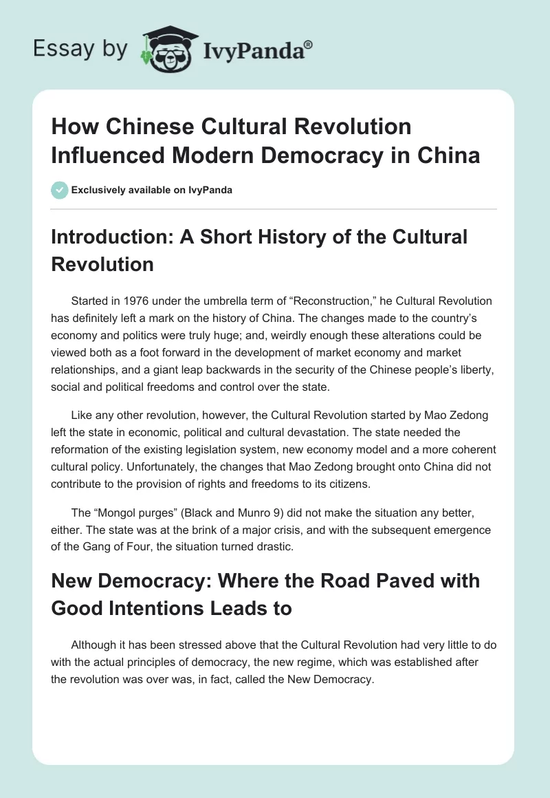 How Chinese Cultural Revolution Influenced Modern Democracy in China. Page 1