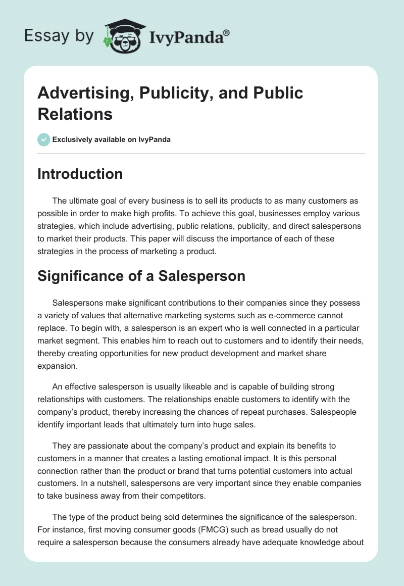 Advertising, Publicity, and Public Relations. Page 1