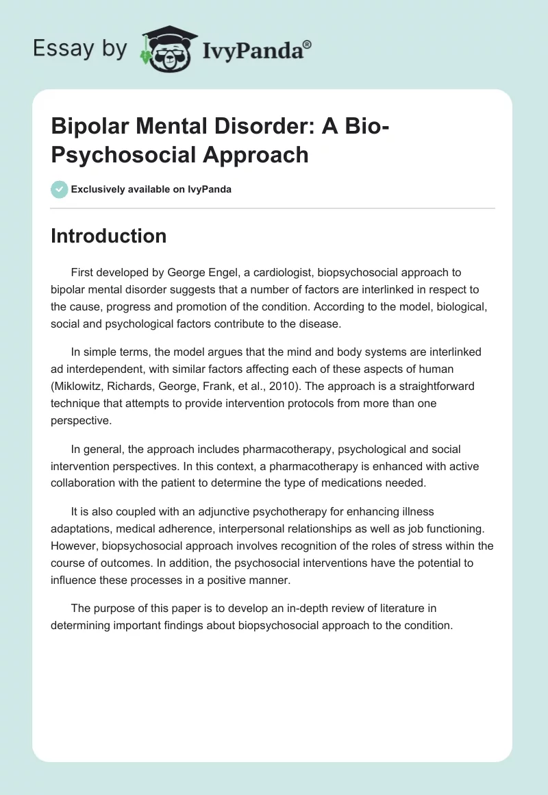 Bipolar Mental Disorder: A Bio-Psychosocial Approach. Page 1