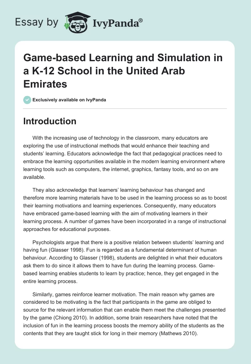Game-based Learning and Simulation in a K-12 School in the United Arab Emirates. Page 1