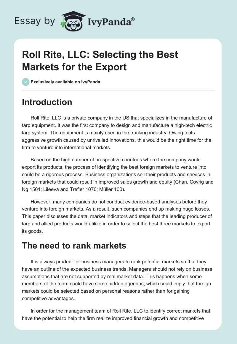 Roll Rite, LLC: Selecting the Best Markets for the Export. Page 1