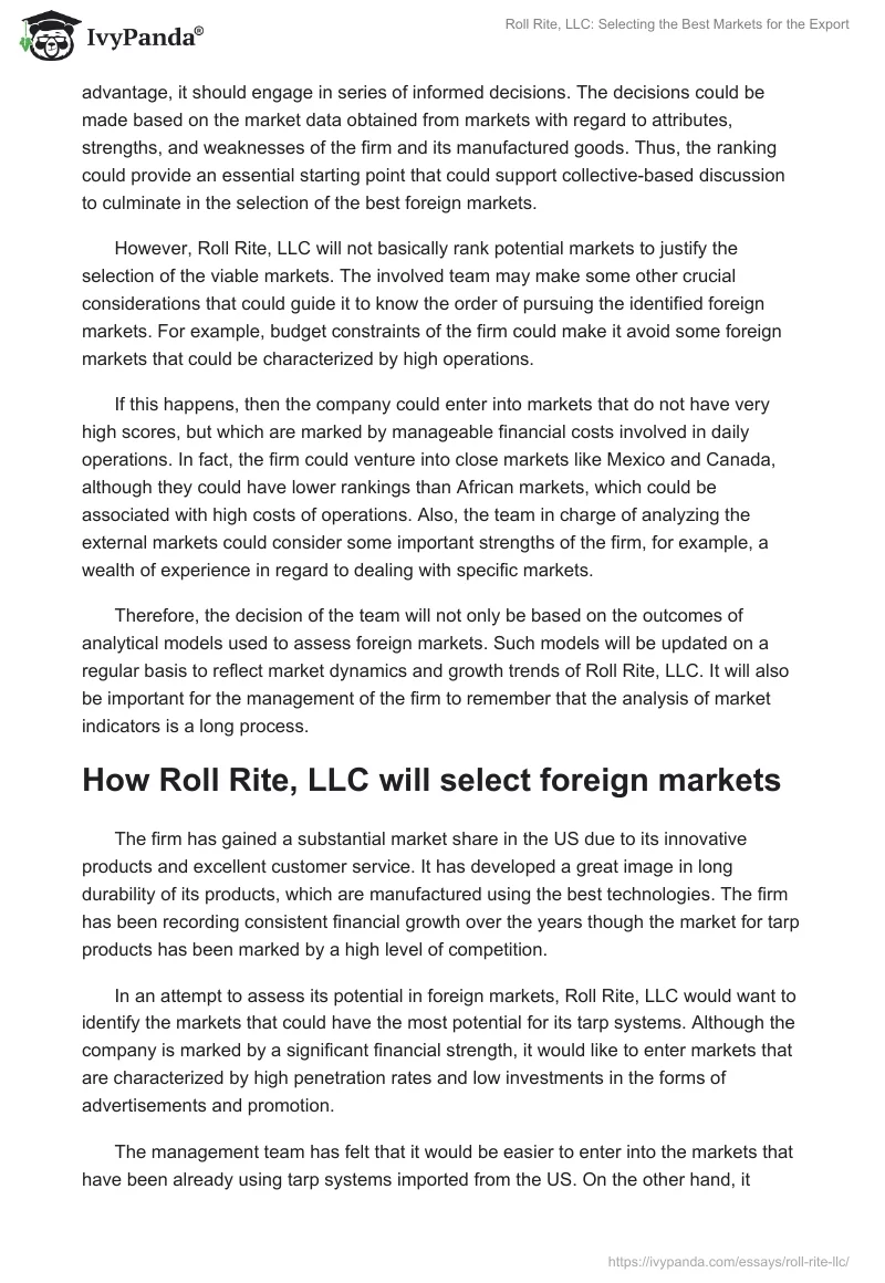Roll Rite, LLC: Selecting the Best Markets for the Export. Page 2