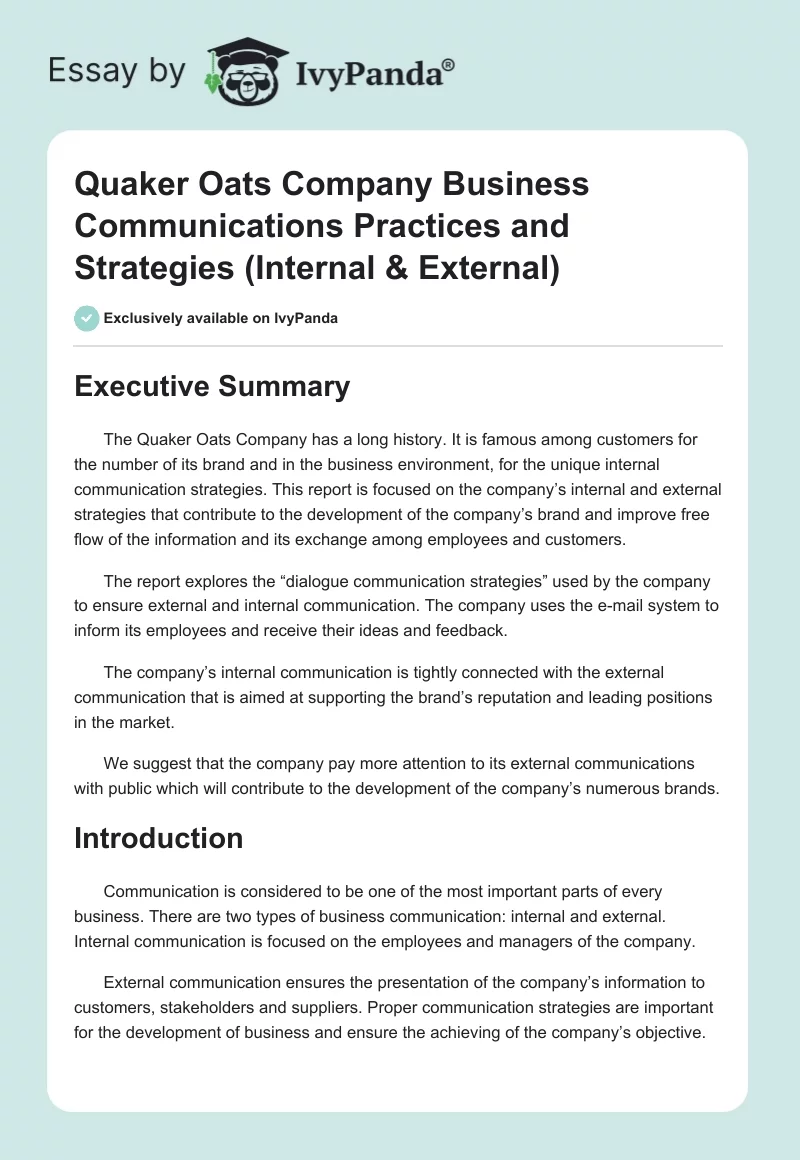 Quaker Oats Company Business Communications Practices and Strategies (Internal & External). Page 1