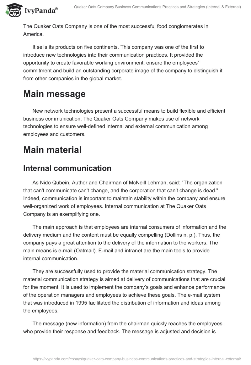 Quaker Oats Company Business Communications Practices and Strategies (Internal & External). Page 2