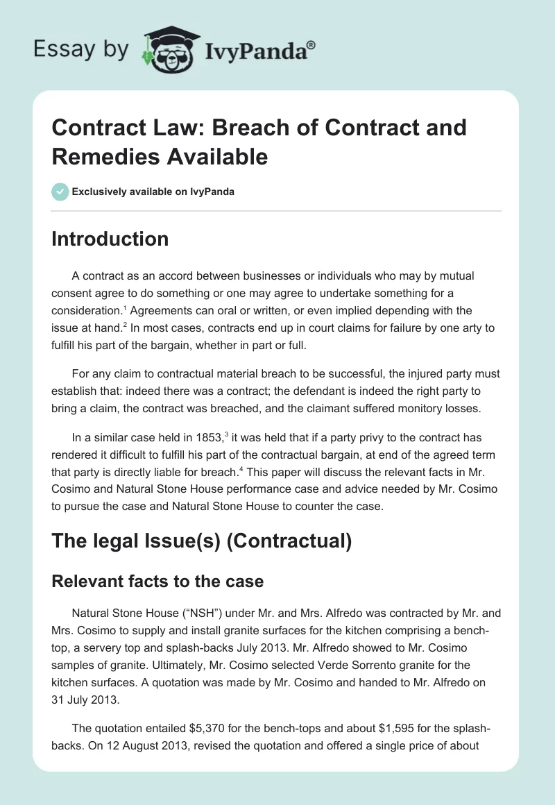 Contract Law: Breach of Contract and Remedies Available. Page 1