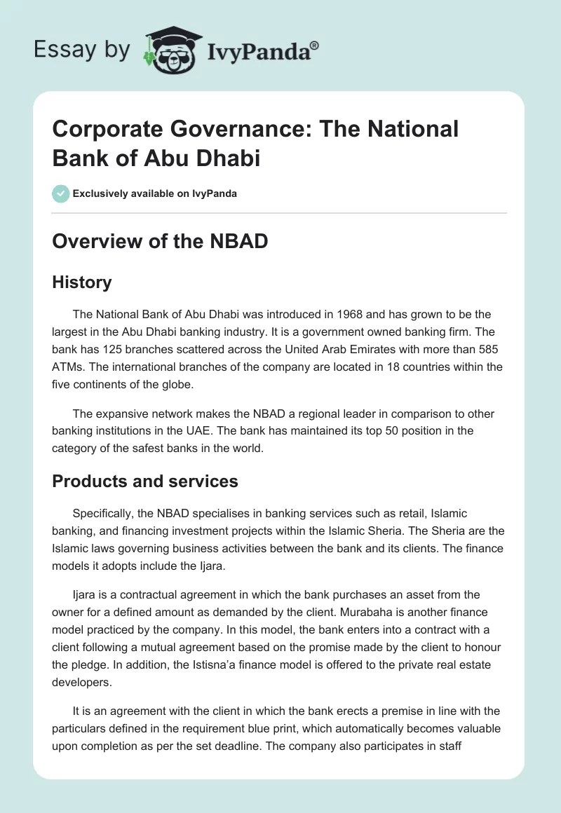 Corporate Governance: The National Bank of Abu Dhabi. Page 1