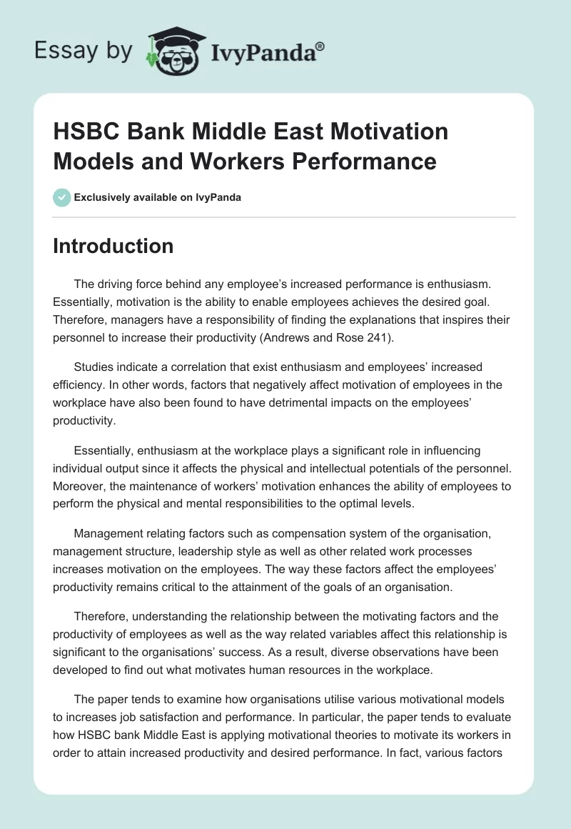 HSBC Bank Middle East Motivation Models and Workers Performance. Page 1