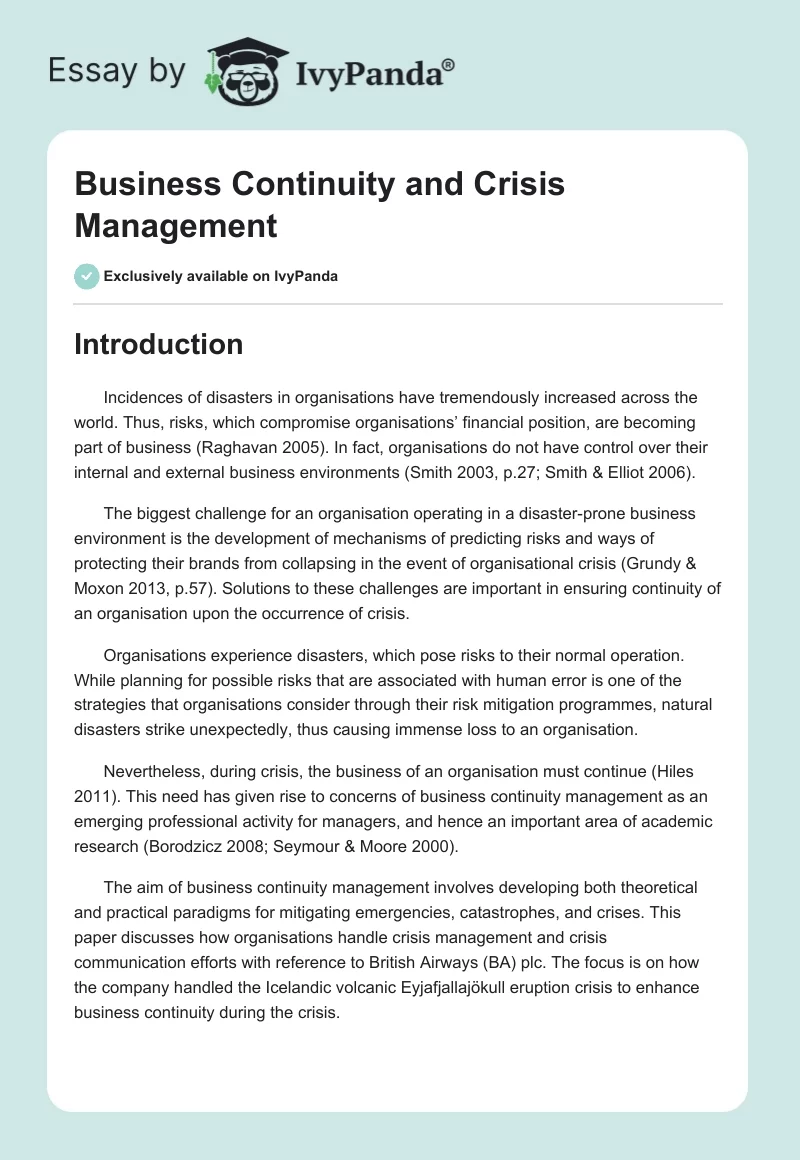 Business Continuity and Crisis Management. Page 1