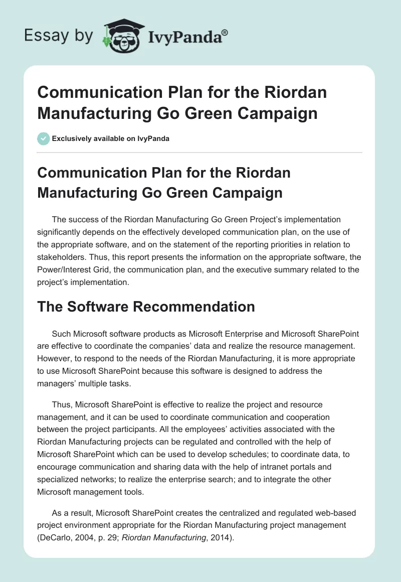 Communication Plan for the Riordan Manufacturing Go Green Campaign. Page 1