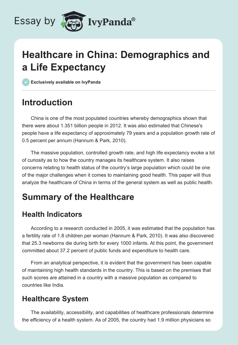 Healthcare in China: Demographics and a Life Expectancy. Page 1