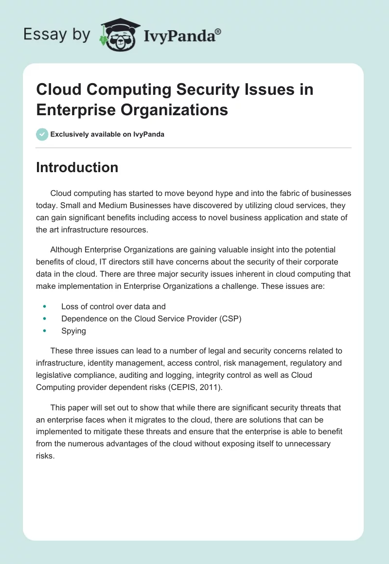 Cloud Computing Security Issues in Enterprise Organizations. Page 1