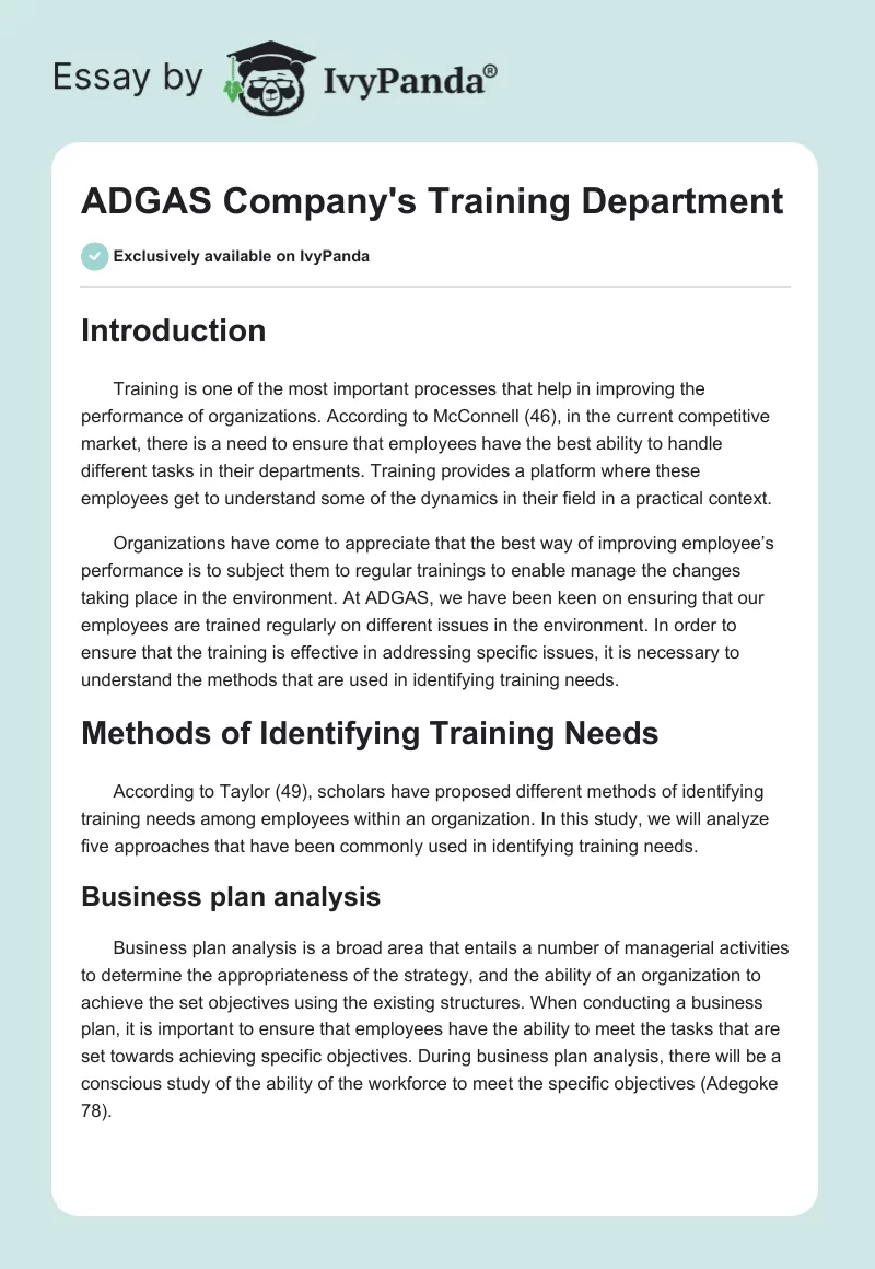 ADGAS Company's Training Department. Page 1