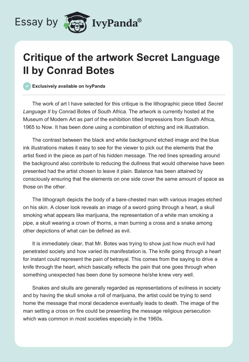 Critique of the artwork Secret Language II by Conrad Botes. Page 1