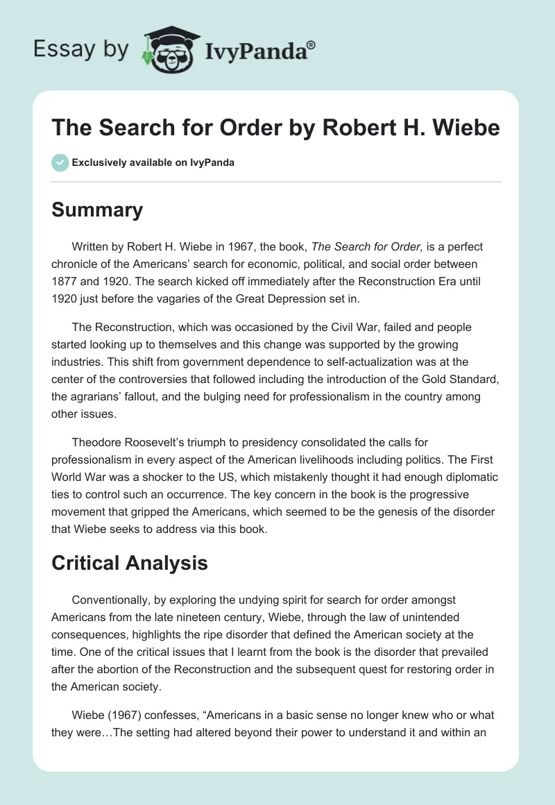 The Search for Order by Robert H. Wiebe. Page 1