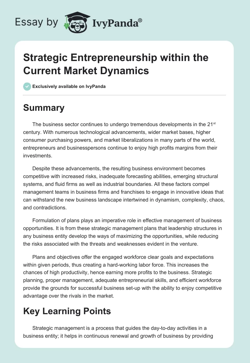 Strategic Entrepreneurship within the Current Market Dynamics. Page 1