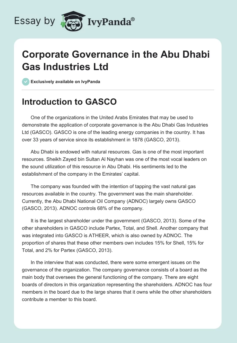 Corporate Governance in the Abu Dhabi Gas Industries Ltd. Page 1