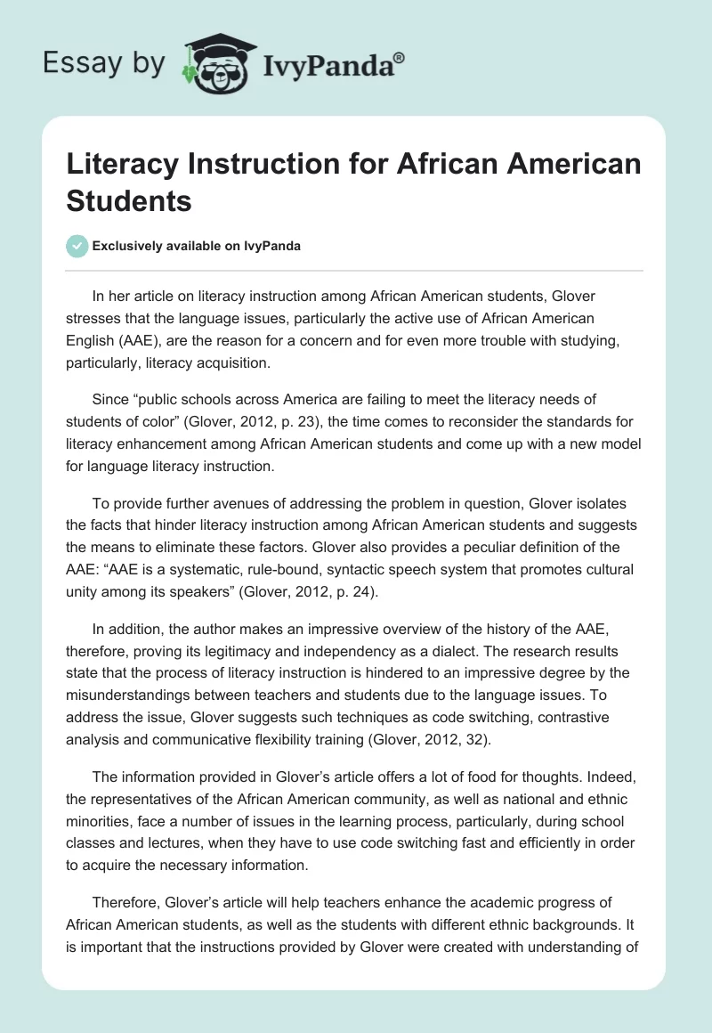 Literacy Instruction for African American Students. Page 1