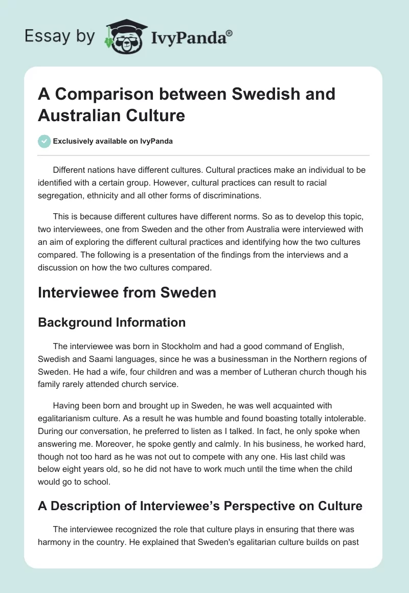 A Comparison Between Swedish and Australian Culture. Page 1