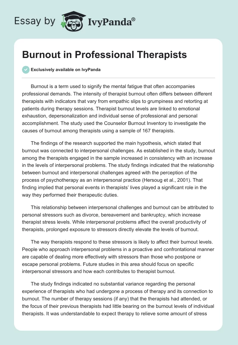 Burnout in Professional Therapists. Page 1