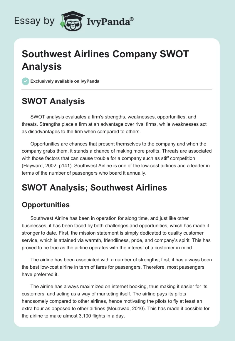 Southwest Airlines Company SWOT Analysis. Page 1