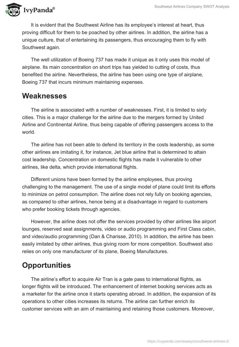 Southwest Airlines Company SWOT Analysis. Page 2