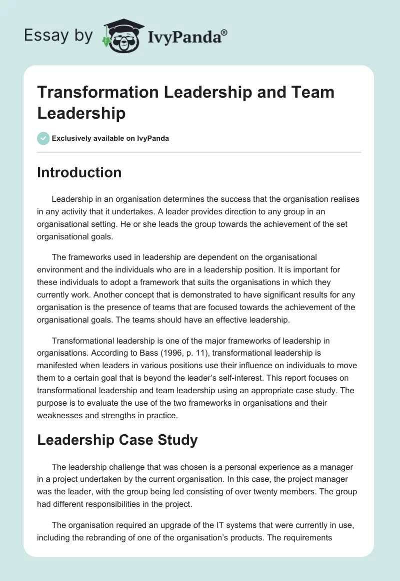Transformation Leadership and Team Leadership. Page 1