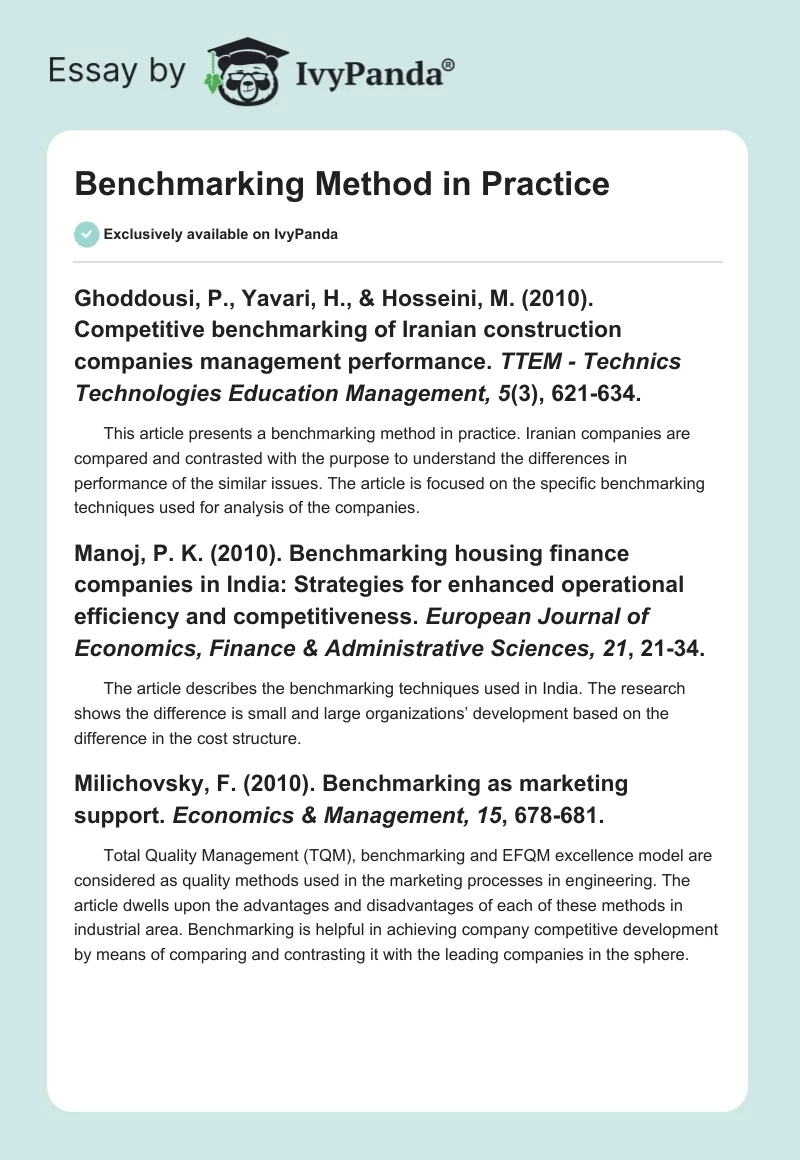 Benchmarking Method in Practice. Page 1