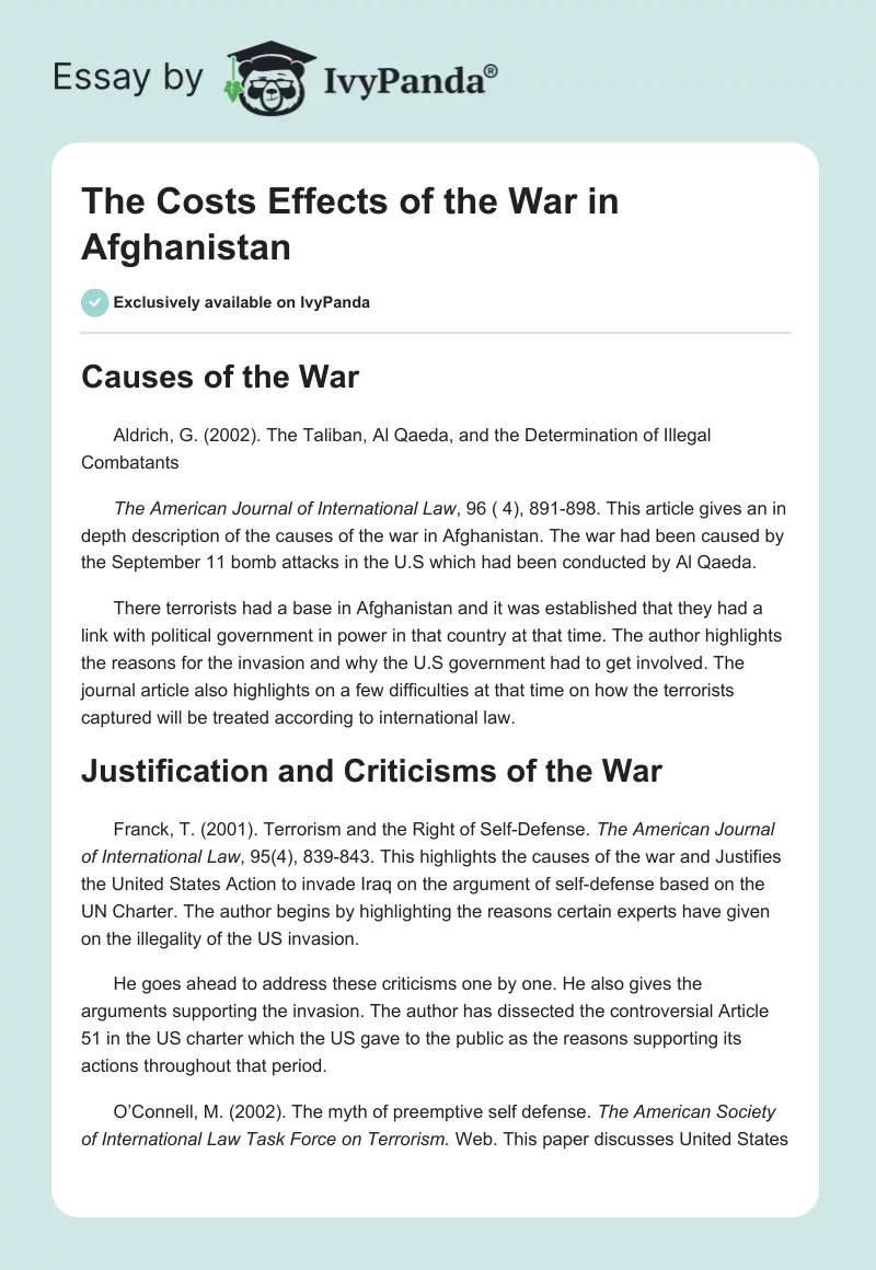 The Costs Effects of the War in Afghanistan. Page 1