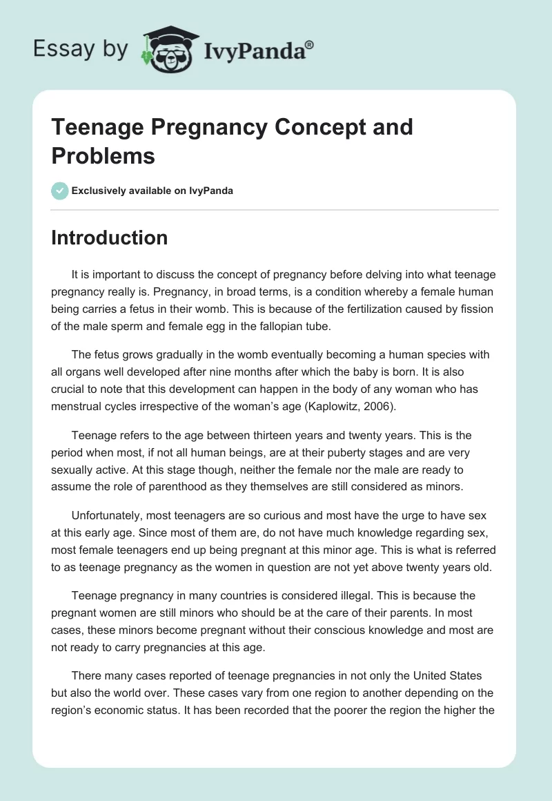 Teenage Pregnancy Concept and Problems. Page 1