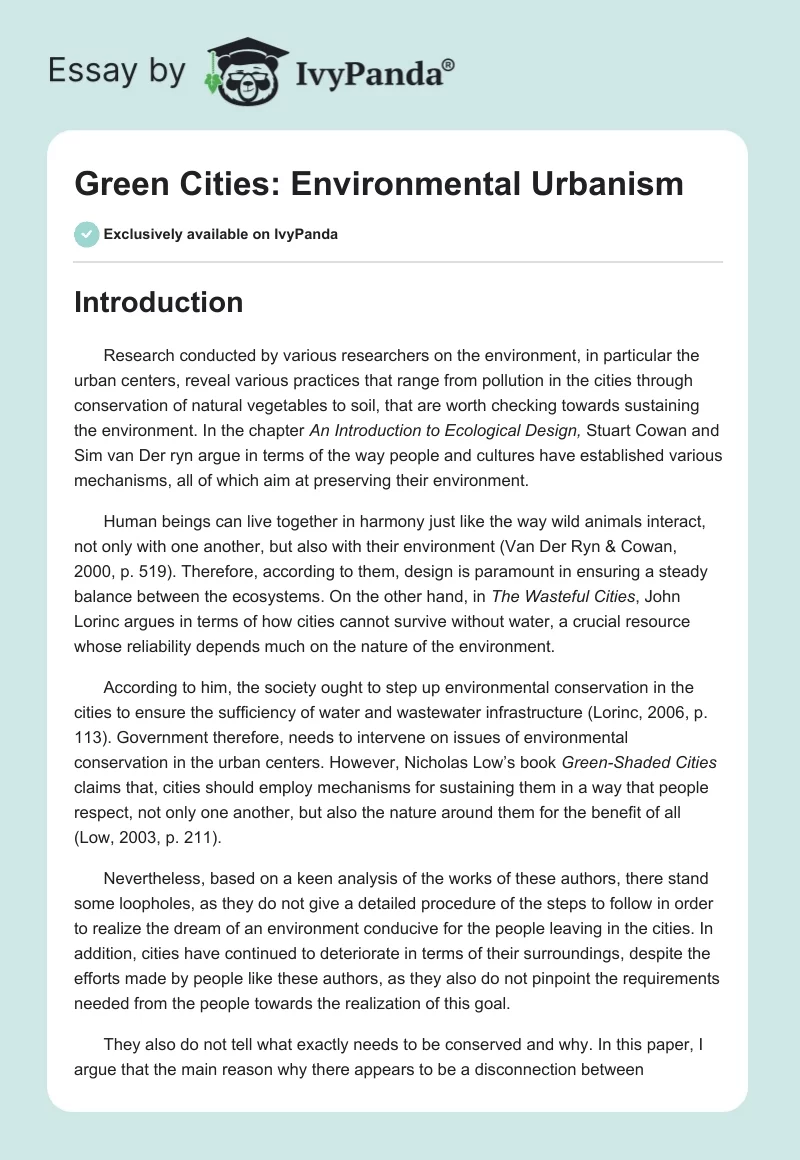 Green Cities: Environmental Urbanism. Page 1