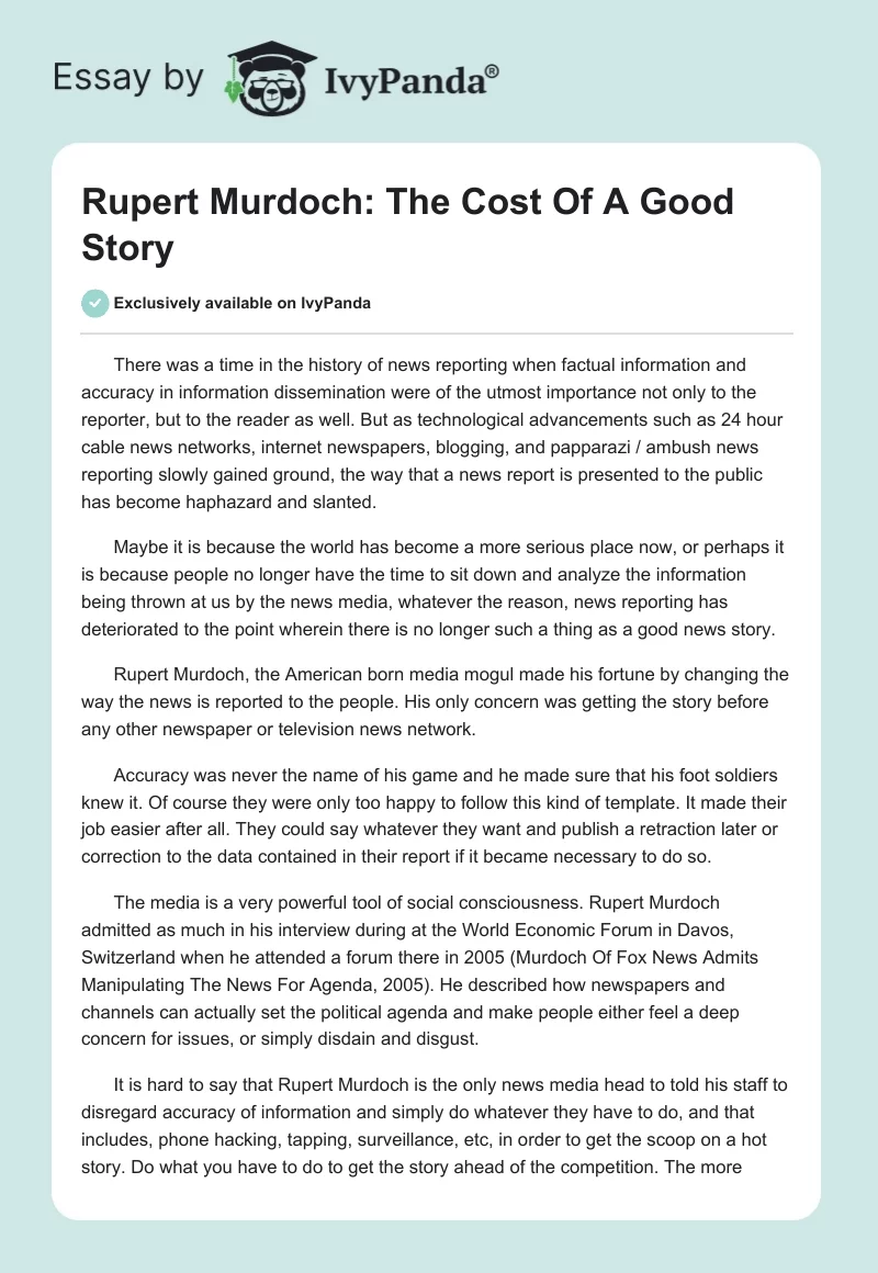 Rupert Murdoch: The Cost Of A Good Story. Page 1