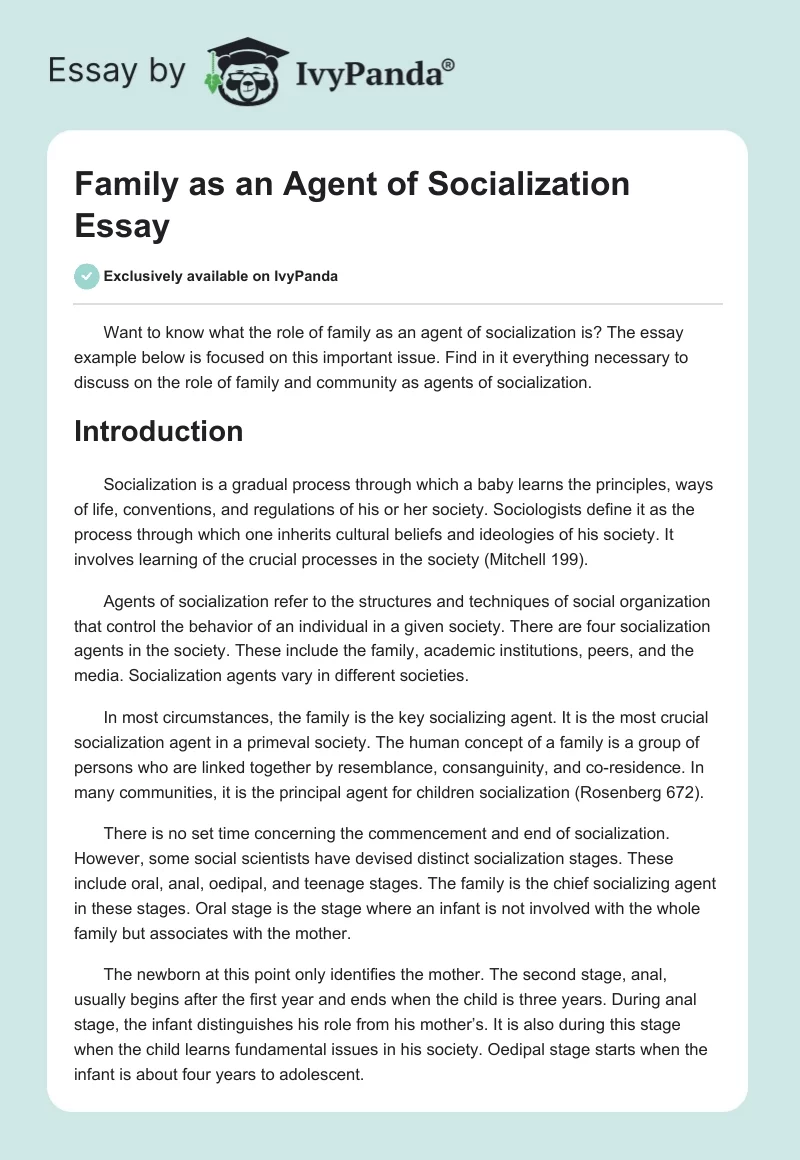 Family as an Agent of Socialization Essay. Page 1