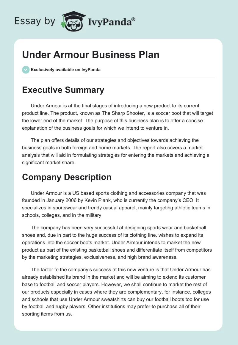 Under Armour Business Plan. Page 1